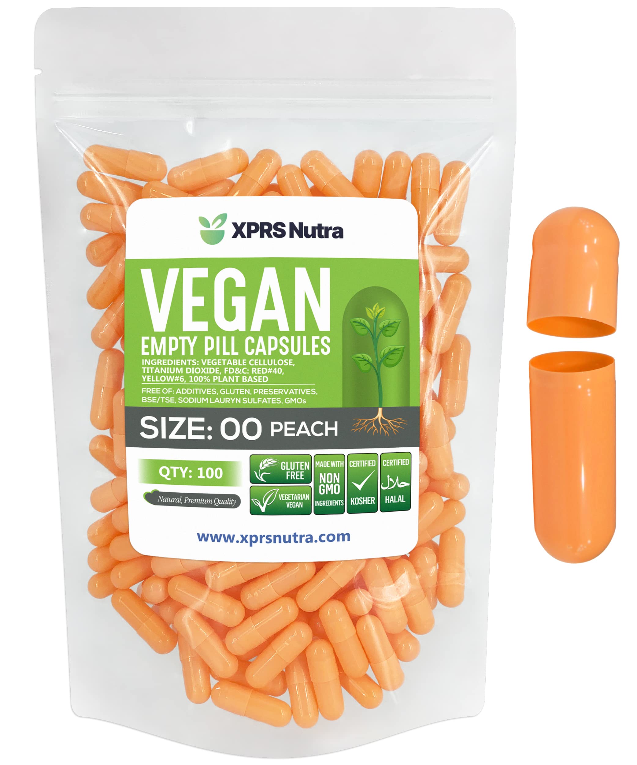 XPRS Nutra Size 00 Empty Capsules - 100 Count Empty Vegan Capsules - Vegetarian Empty Pills - DIY Vegetable Capsule Filling- Veggie Pill Caps (Peach)