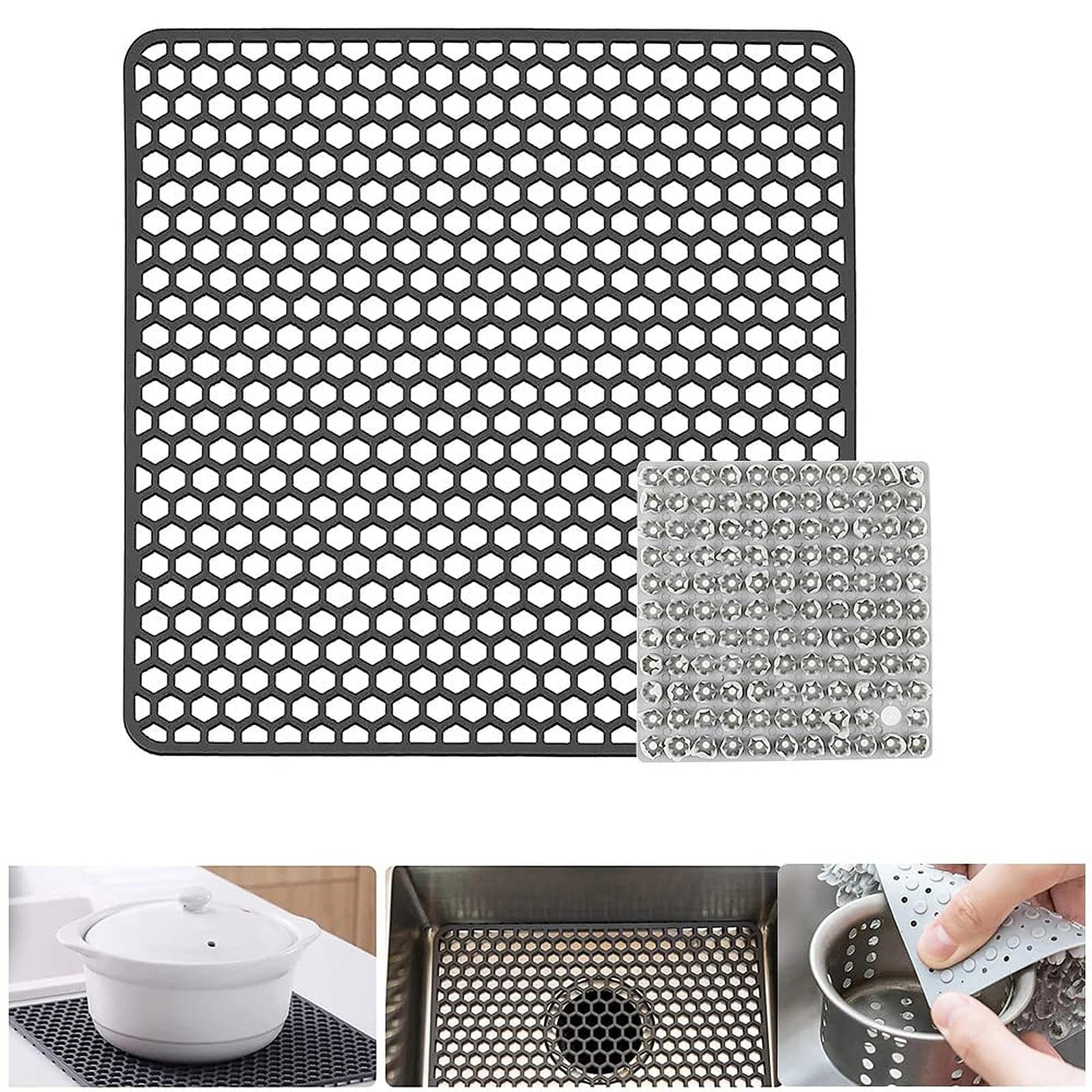 Tappetino per Lavello in Silicone 34,5 cm x 34,5 cm Tappetini per lavello da Cucina con Foro di Scarico Protezione Tappetino per lavello con Spazzola per la pulizia di frutta e verdura