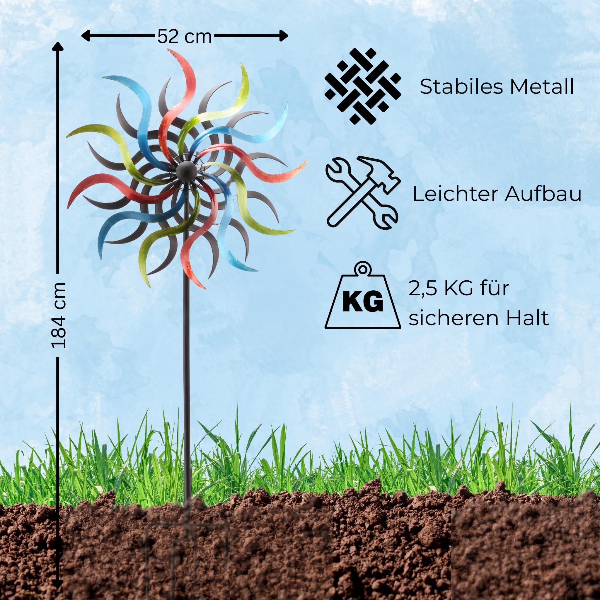 matches21 HOME & HOBBY Großes Windrad Metall 185 cm, wetterfeste Frühlings Garten-deko in Sonnenstrahlform - Bunte Windmühle