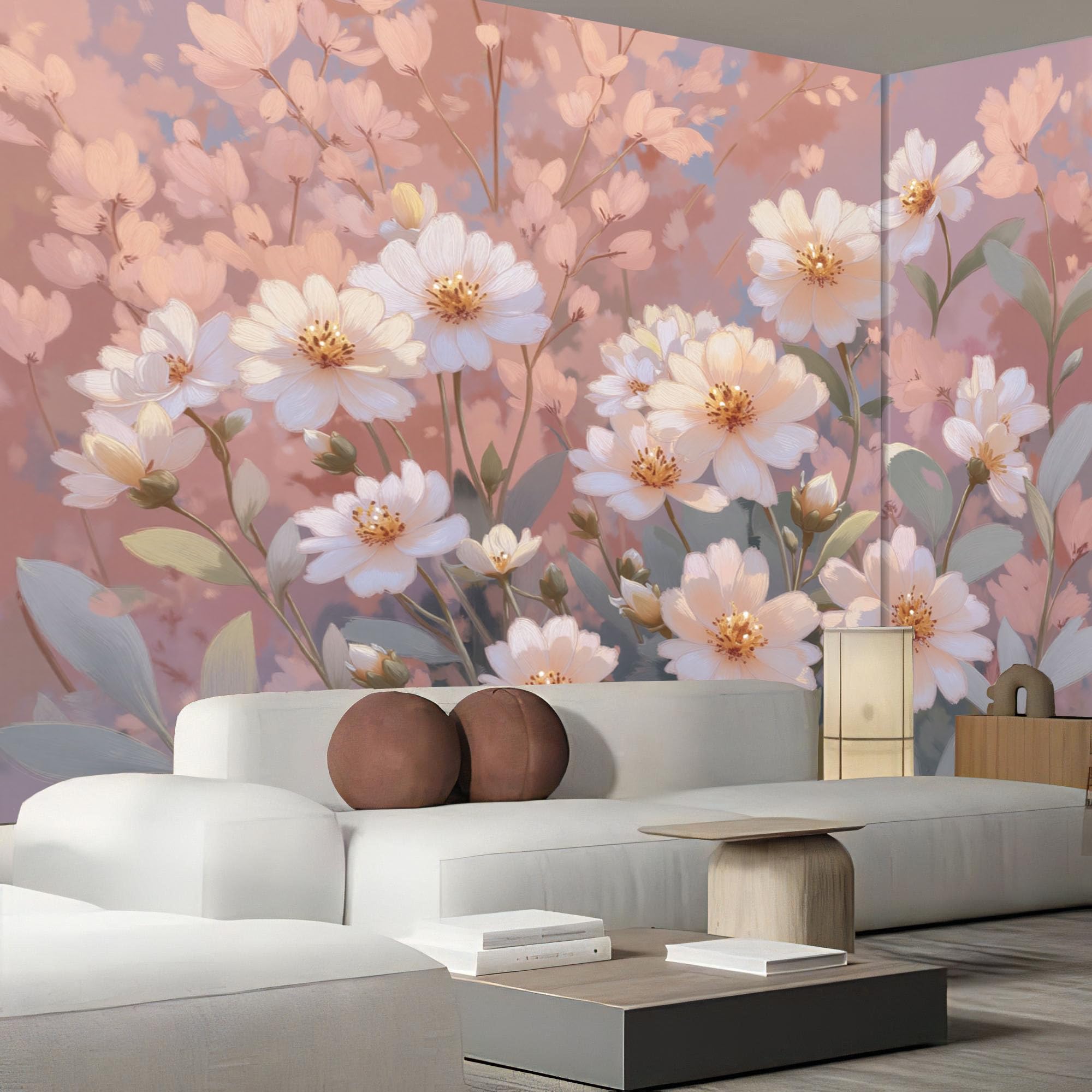 Papier Peint Panoramique En Soie Rose Blush - Floral Rêveur - 250X175Cm - Revêtement Mural Décoration Paysage Végétal Décoration Tapisserie Wallpaper Muraux Photo Salon Chambre