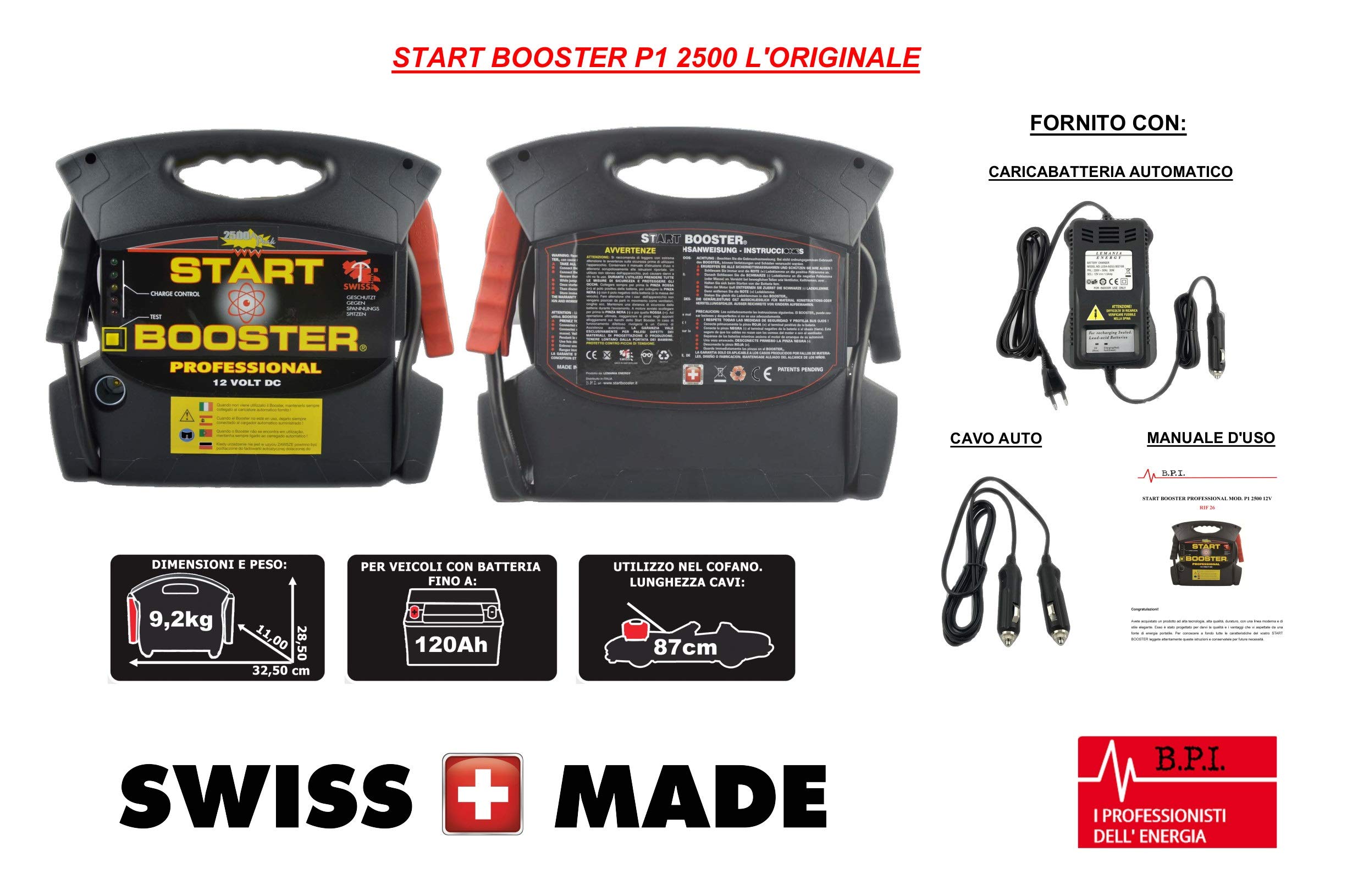 B.P.I. BPI Start Booster Avviamento Auto Professionale e Portatile - Avviatore Emergenza per Auto Veicoli Vari - P1 2500A Batteria 12v