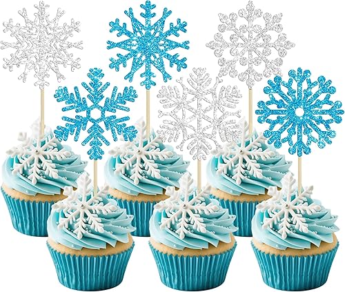 24 adornos de copos de nieve para cupcakes de invierno con purpurina azul y plateada para cupcakes de copos de nieve de invierno, decoración de