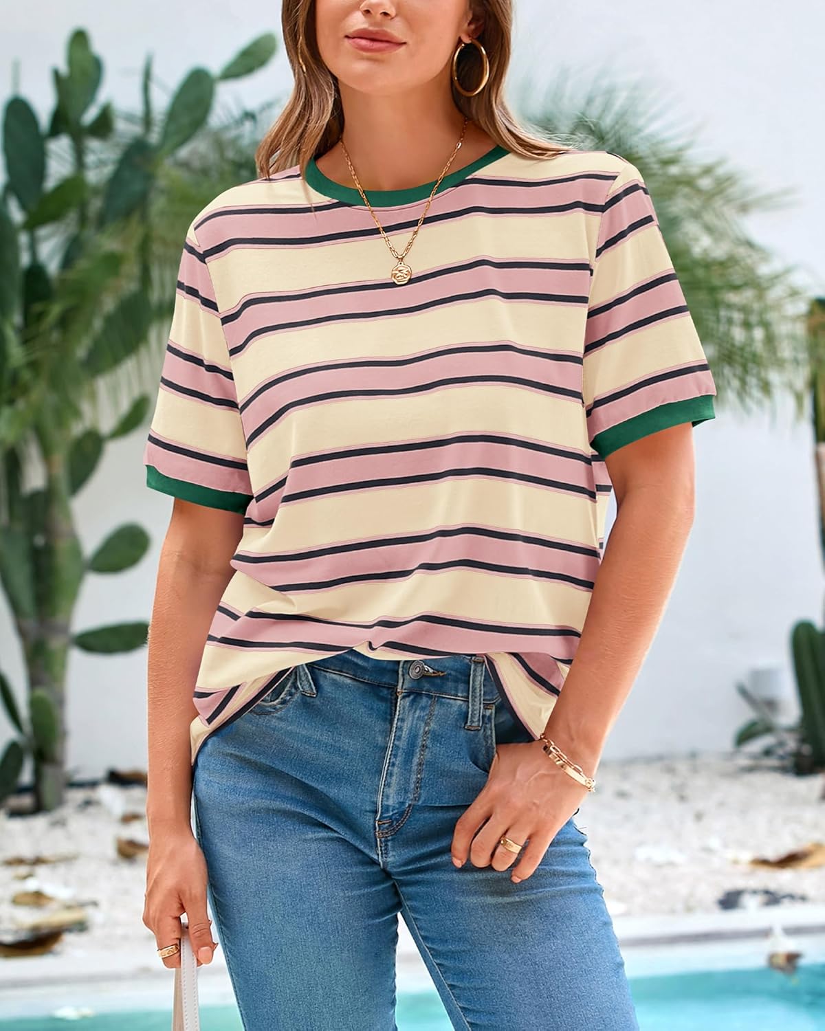 BTFBM Summer Tops for Women 2026 Crewneck Short Sleeve Striped T Shirts Casual Spring Clothes Color Block Basic Tee Blouses - Image 6