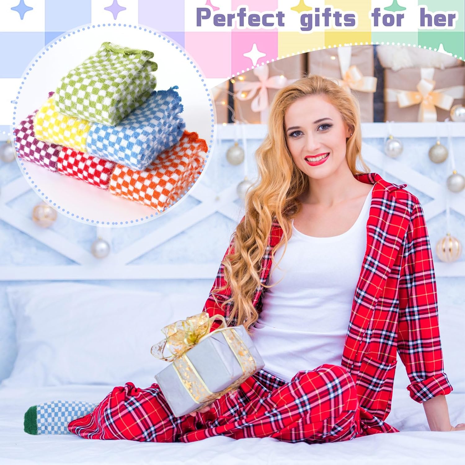 JenPen 8 Pairs Plaid Socks Women Striped Frilly Checkered Sock Colorful Cozy Gingham Fuzzy Winter Soft Casual Gift Size 5-10