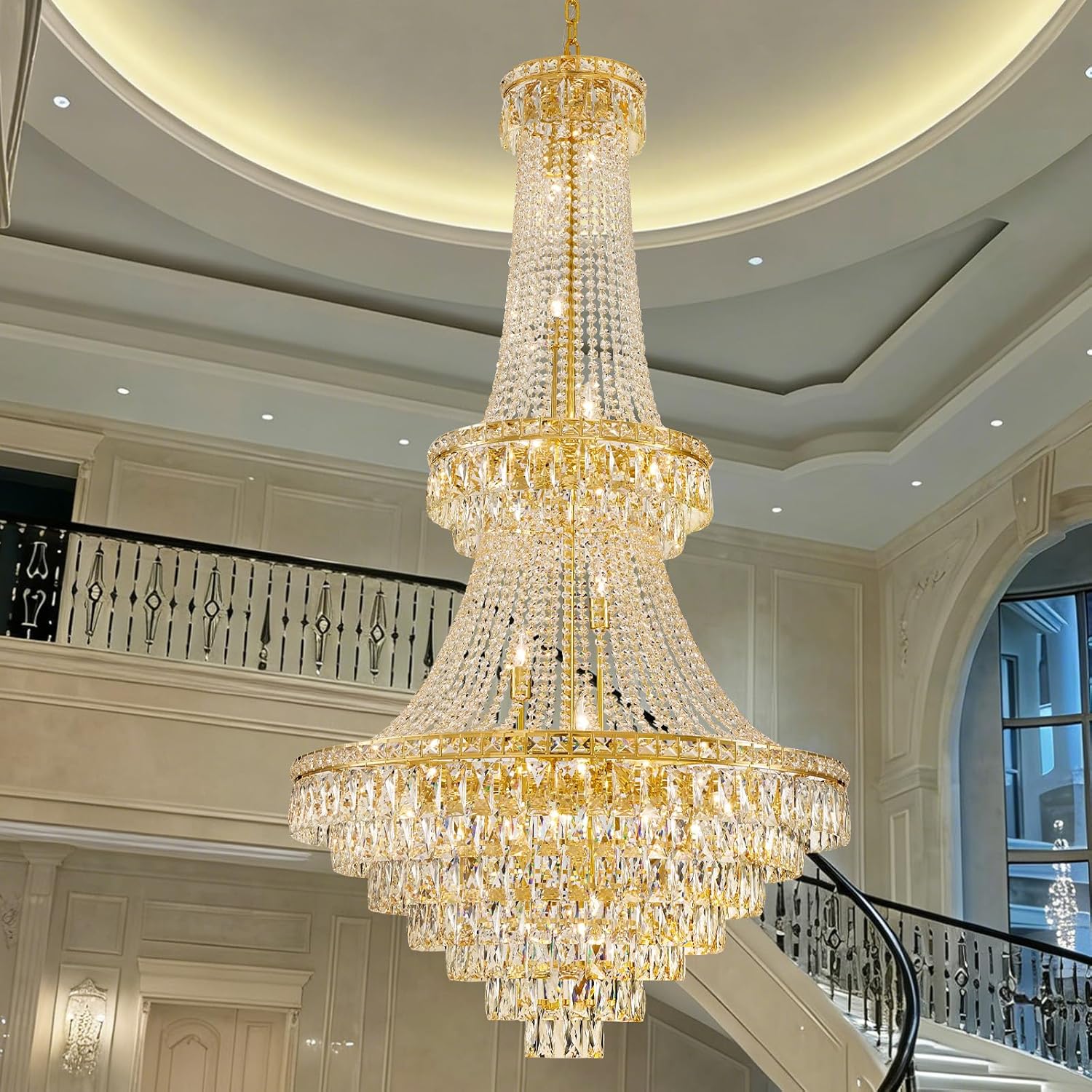 26 Lights Gold Luxury Crystal Chandeliers Large Modern Chandelier for High Ceilings Crystal Pendant Light Fixture Foyer Staircase Hallway Entryway Banquet Hall Lobby 63" H x 30.7" D