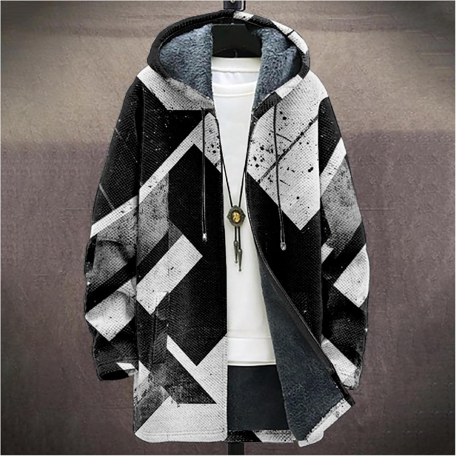Mens Long Cardigan Hoodies Geometric Hooded Jacket Open front Knitted Sweater Hoodie with Pockets Winter Coats - Image 2