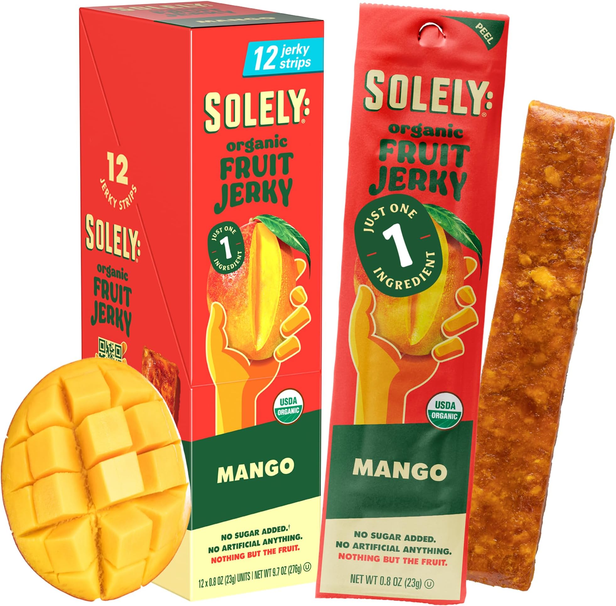 Solely - Organic Mango Fruit Jerky - 12 Individually Wrapped Fruit Strips - Fruit Leather Made from Dried Fruits - Healthy Snacks, Vegan - 0.8oz (23g)