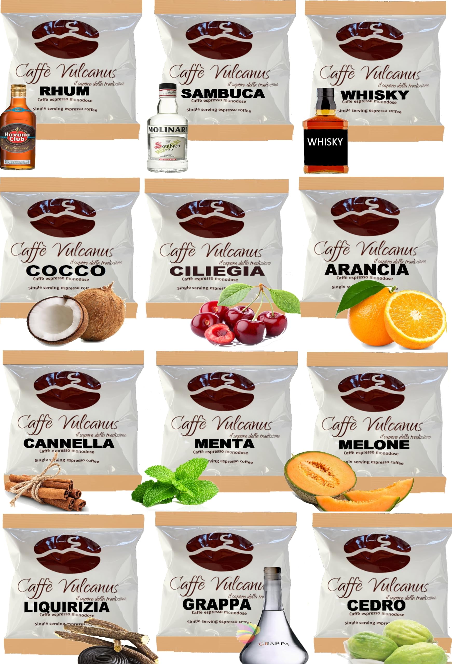 Caffè Vulcanus - NUOVO Kit assaggio 120 cialde ESE44 di caffè aromatizzati - Degustazione di 12 gusti di caffè aromatizzato