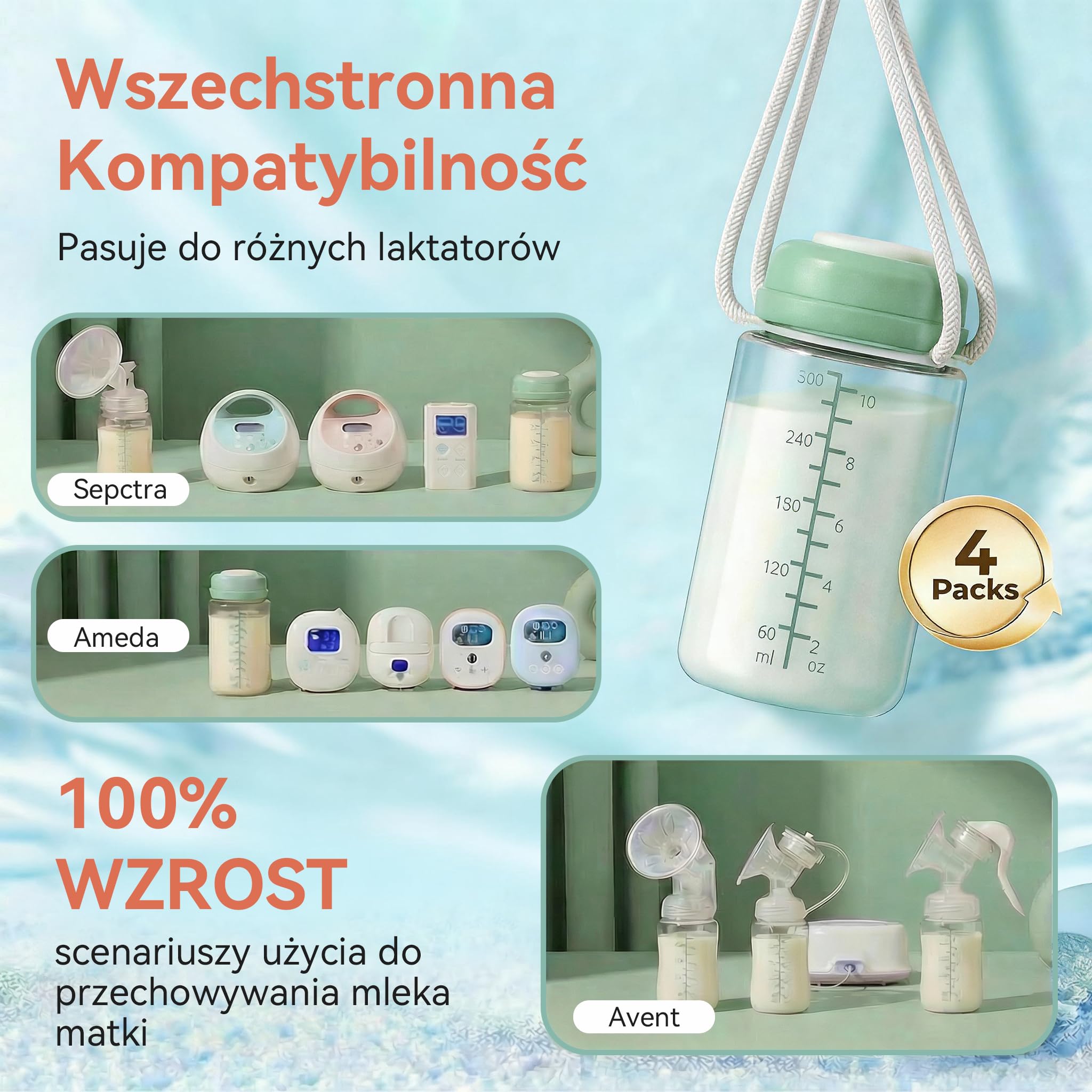 4 opakowania 300 ml butelka do przechowywania mleka matki do przenośnej chłodnicy Momcozy, 650 ml - szczelna szeroka szyjka kompatybilna z Spectra S1 S2 9 Plus SG Motif Luna (zielona)