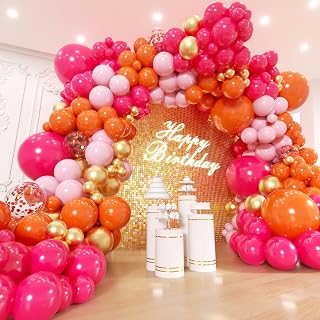 200Pcs Pink and Orange Gold Balloons Garland Arch Kit - Hot Pink Orange Baby Pink Metallic Gold Different Size Balloon for Birthday Baby Shower Wedding Tropical Summer Party Decorations