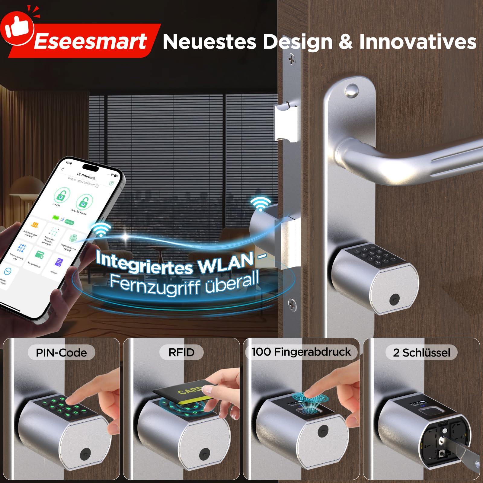 Eseesmart Smart Lock mit WLAN & Bluetooth – Elektronisches Türschloss Fingerabdruck mit Display, Code, RFID & Schlüssel – Verstellbarer Zylinder für Asymmetrische & Standard Türen (60-130mm)