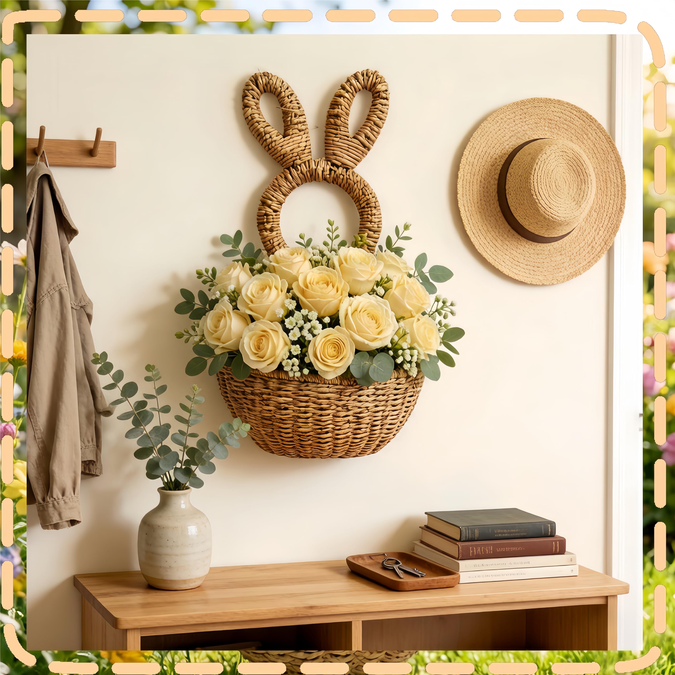 Cestino da porta a forma di coniglietto intrecciato a mano, decorazione pasquale primaverile da appendere alla parete, con tasca portaoggetti da appendere alla casa, per dolcetti pasquali