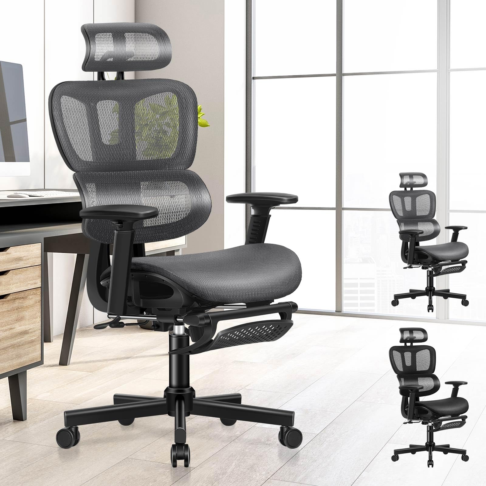 ALFORDSON Silla de Oficina Ergonómica para Personas Grandes y Altas Reposacabezas Ajustable con Reposabrazos 3D Soporte Lumbar y Ruedas de PU Función de Inclinación Giratoria, Sloane, Gris