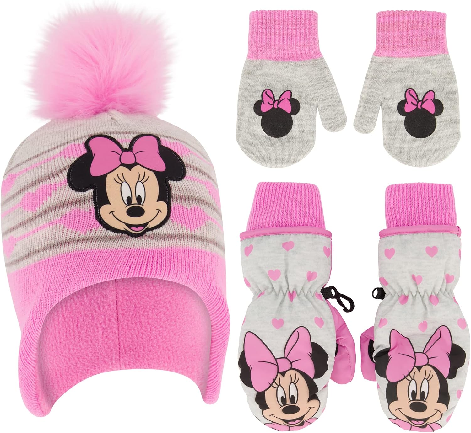 Babyhug Disney Interlock Knit Cap Mittens & Booties With Minnie Mouse Graphics - Pink main image 0