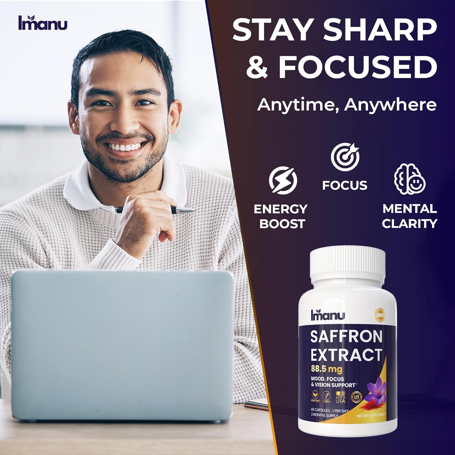 Imanu Saffron Supplement, Pure Saffron Extract 88.5mg for Mood, Focus & Eye Support, Vegan, Non-GMO Saffron Pills, Premium Saffron Dietary Supplement, 60 Veggie Capsules (2 Month Supply) - Image 4