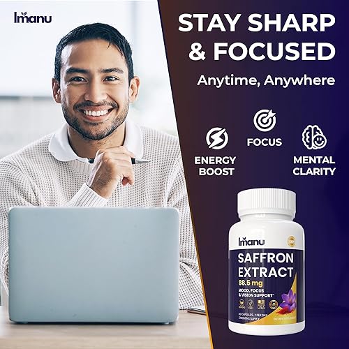 Miniatura 4 de Imanu Suplementos de azafrán  Extracto de azafrán puro 88.5 mg  Apoyo al estado de ánimo, enfoque y visión  Cápsulas de azafrán vegano natural, sin