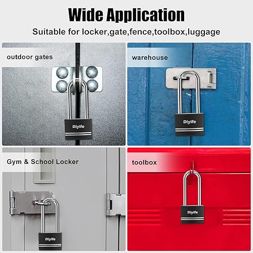 Miniatura 7 de Diyife Candado con llave, paquete de 2 impermeable Cerradura con llave, candados de grillete largo para exteriores, antioxidante, pequeño candado de