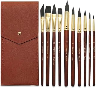 Professional Watercolor Brushes - 10 Pcs Synthetic Squirrel Watercolor Paint Brush Set with Leather Case for Travel, Round, Liner, Flat, Dagger & Cat’s Tongue for Gouache, Ink & Acrylic
