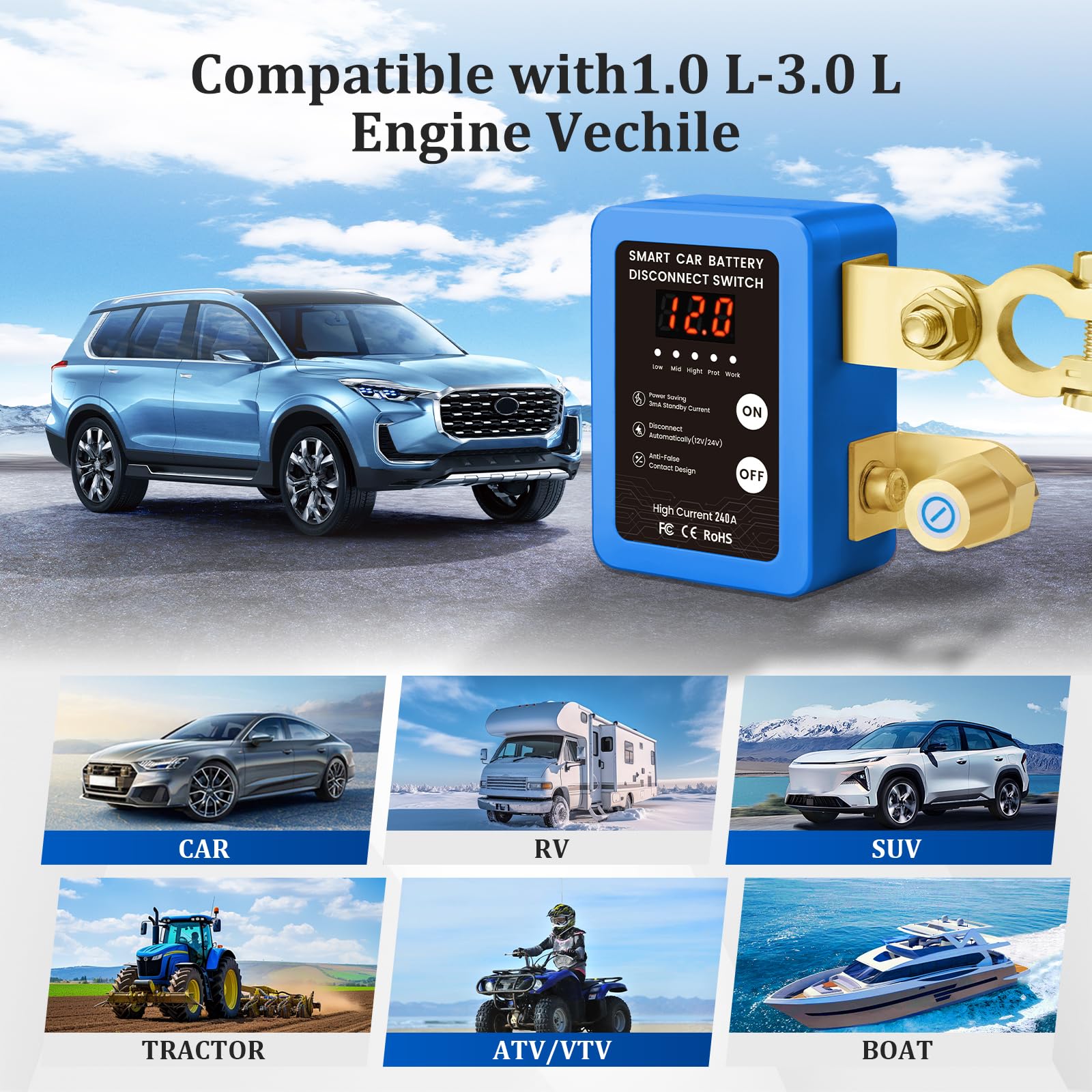 Interruttore di batteria telecomandato senza fili, tazza circuito batteria 12 V 240 A telecomando, interruttore di spegnimento automatico con display a LED per 12 V auto campeggio auto ATV camion