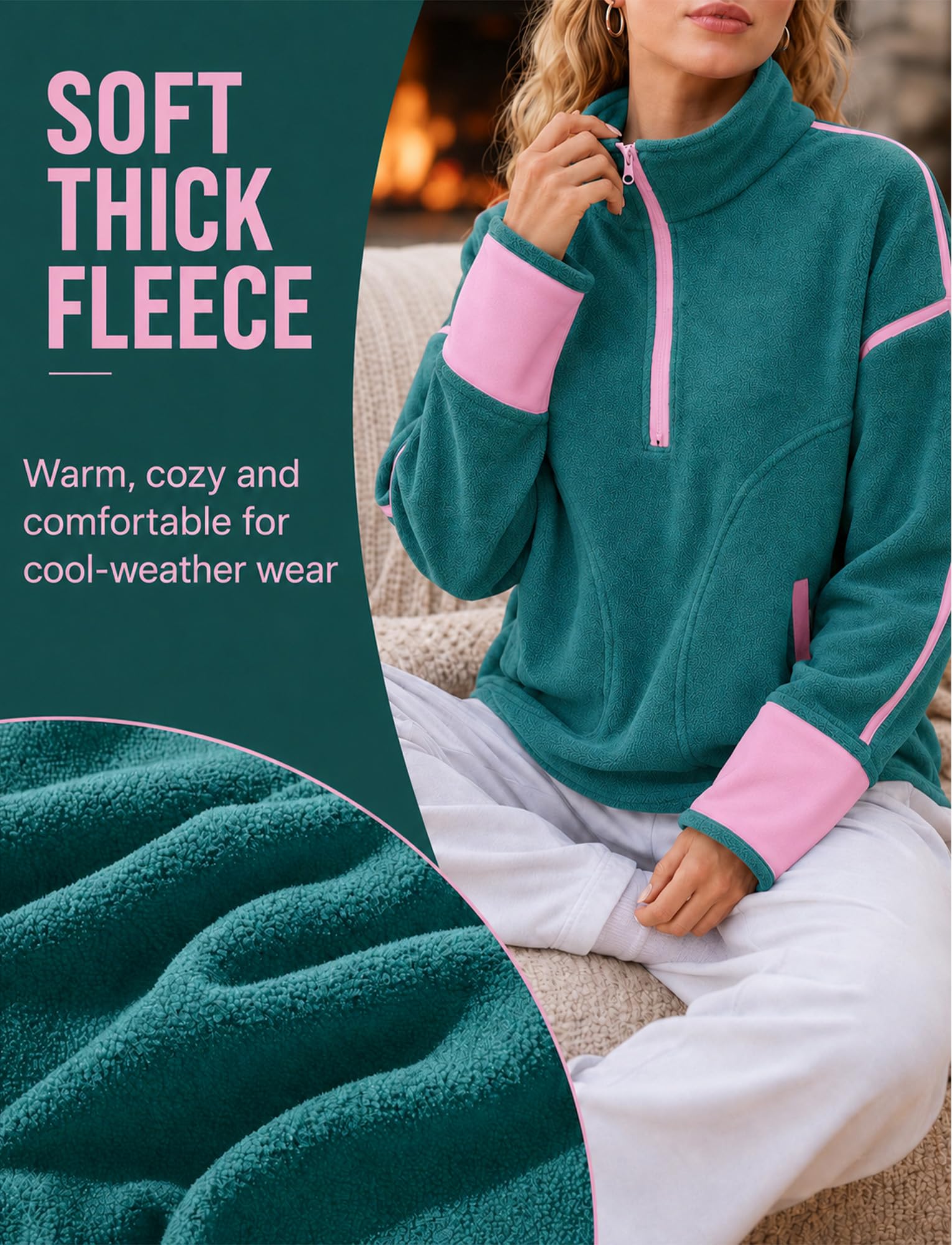 FEOYA Damska bluza polarowa z zamkiem błyskawicznym oversize, ciepły sweter, ZIELONY, L | Polarowy top z kieszeniami na jesień zimę sport spacery piesze codzienne odzież domowa