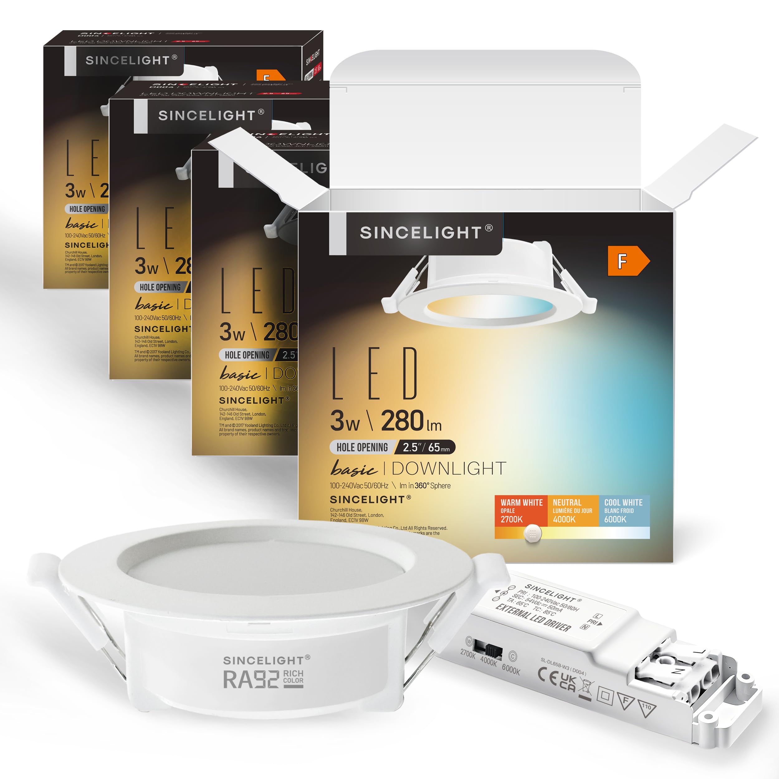 SINCELIGHT LED Einbauleuchte 3W, Kleines Downlight für 65mm Deckenloch, Schrank, Vitrine, Kompakt-Profile, Warmweiß 2700K, RA≈92 Hoher Farbwiedergabeindex, 4er-Pack