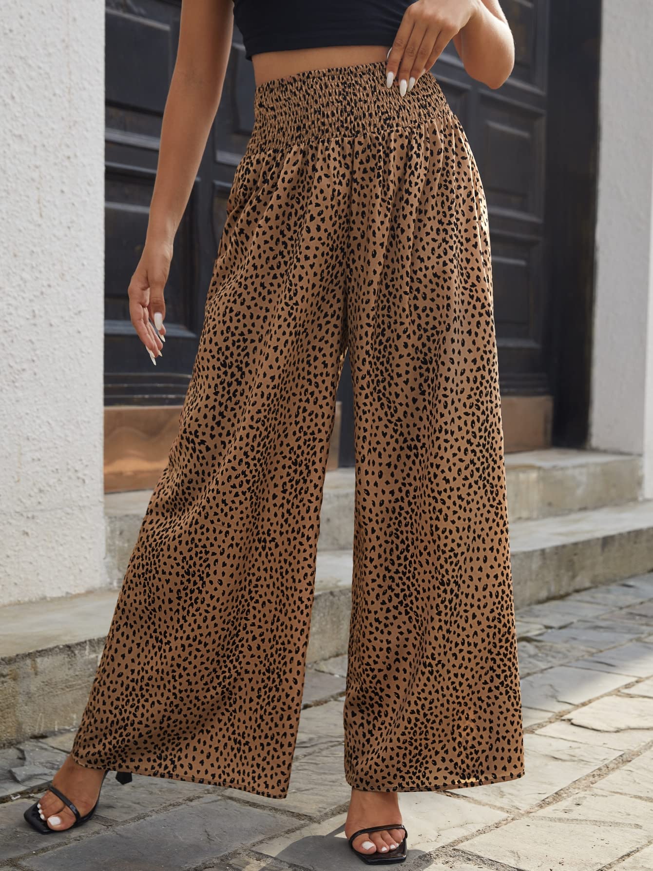 REDESYN Pants for Women - Pants Allover Print Shirred Waist Wide Leg Pants Color Brown Size Medium