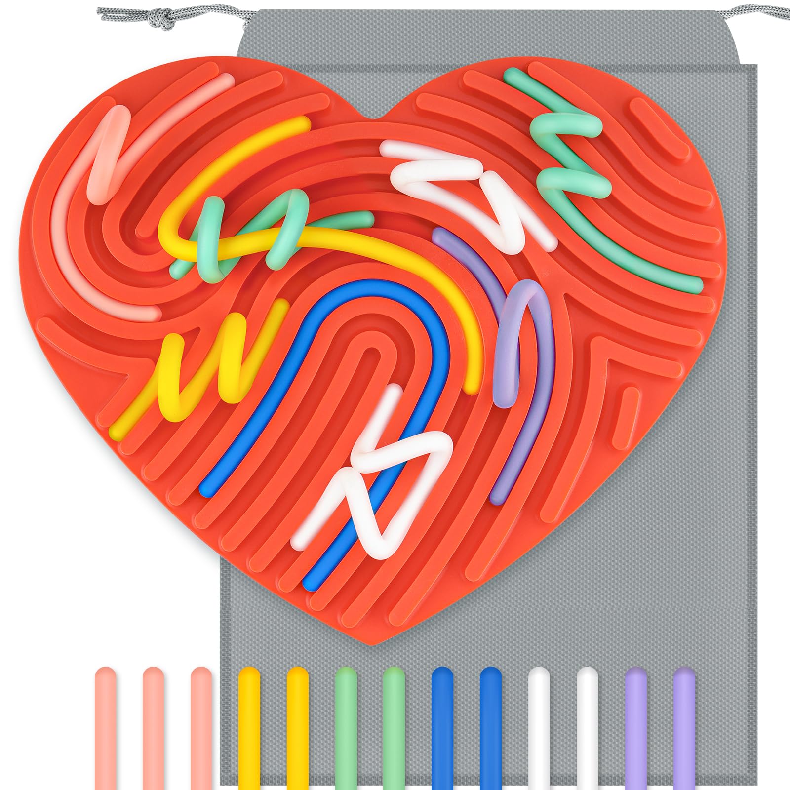 13 Silicone Strings Sensory Board Toy for Kids, Sensory Activity Board, Busy Board, Travel-Friendly STEM Montessori Fidget Toy for Fine Motor Skills and Hand-Eye Coordination (Heart, Red)