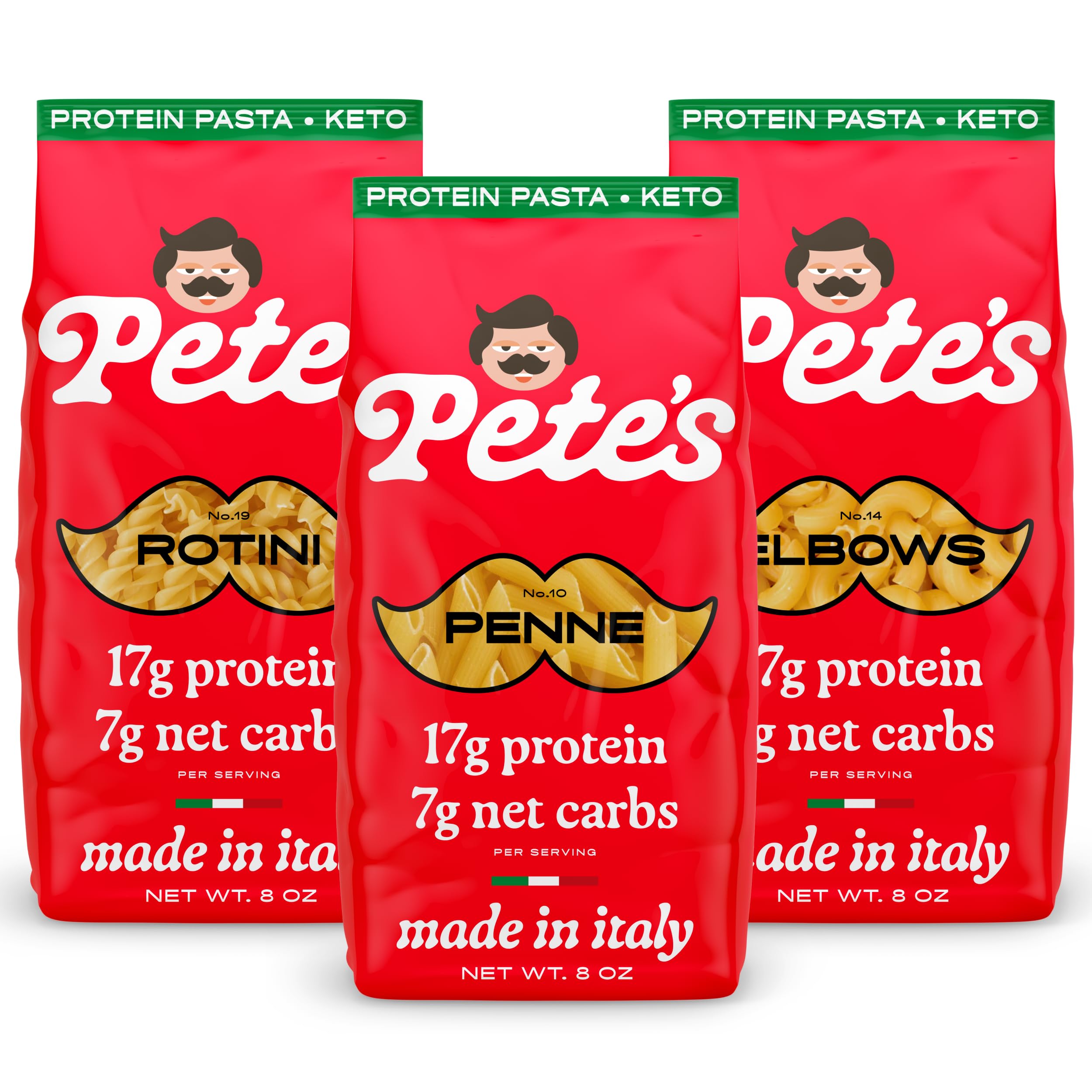 Low Carb, Protein Pasta Variety | Penne, Rotini, Elbow Macaroni with 17g Protein, 7g Carbs | Healthy, Keto Pasta Made in Italy | 3-Pack, 8oz - Pete’s Pasta