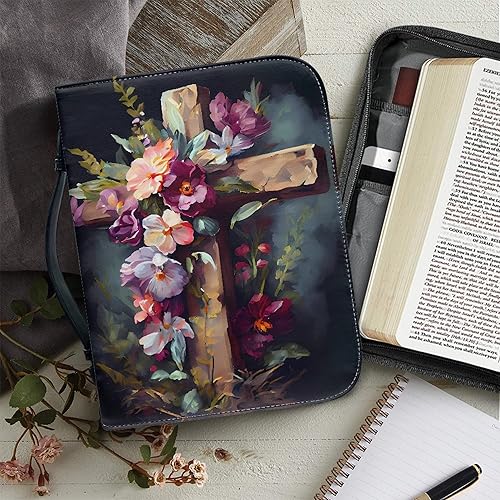 Miniatura 5 de Vodetik Funda de piel para la Biblia con diseño de flores rosas para mujeres y hombres, con cruz para niñas, tamaño mediano con asa con cremallera,