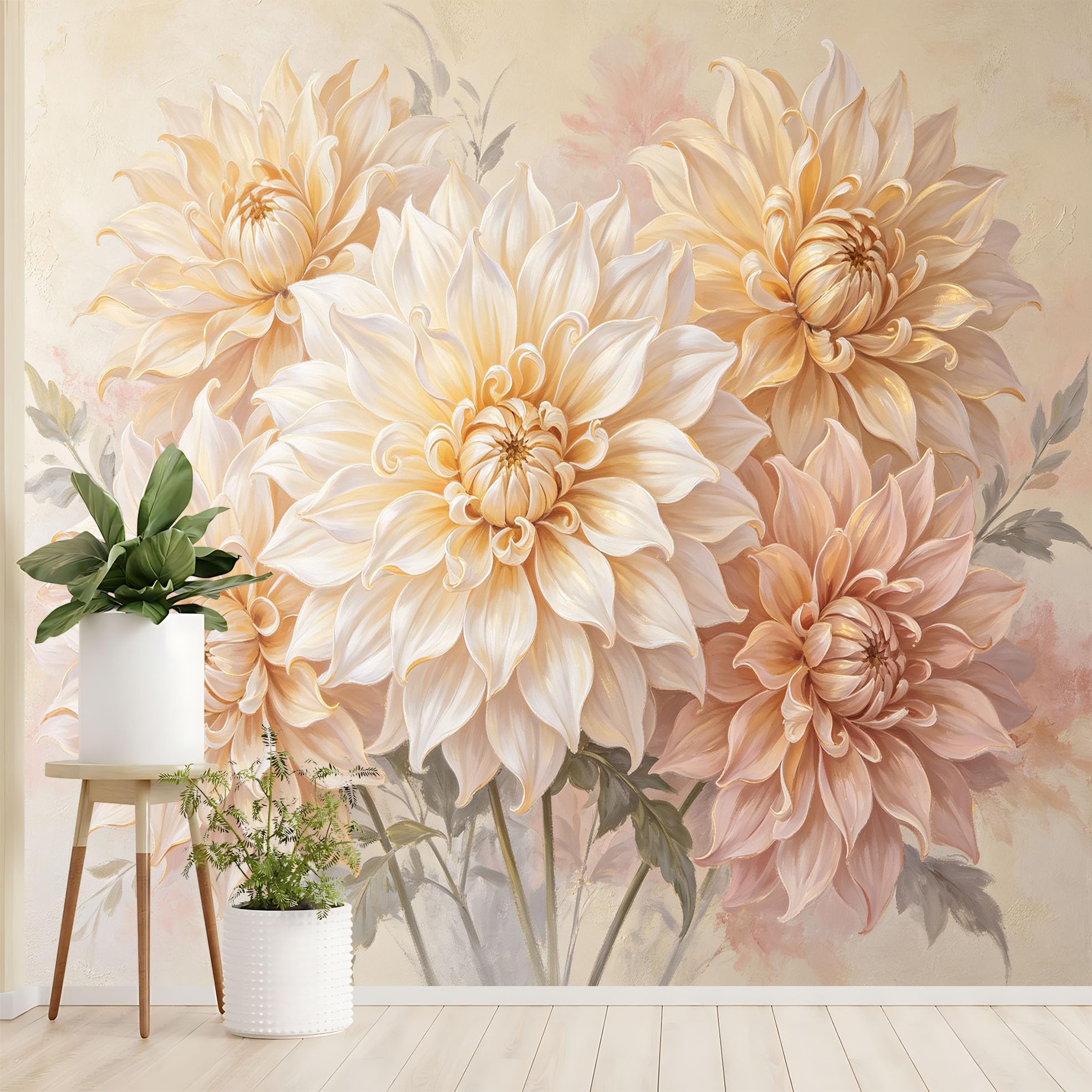 Elegancka botaniczna tapeta ścienna, duży format, kwiatowa, tapeta na fizelinie, nowoczesna, klasyczna, kwitnące kwiaty, 250 x 175 cm, kremowa, beżowa, akcentująca dekoracja ścienna do salonu