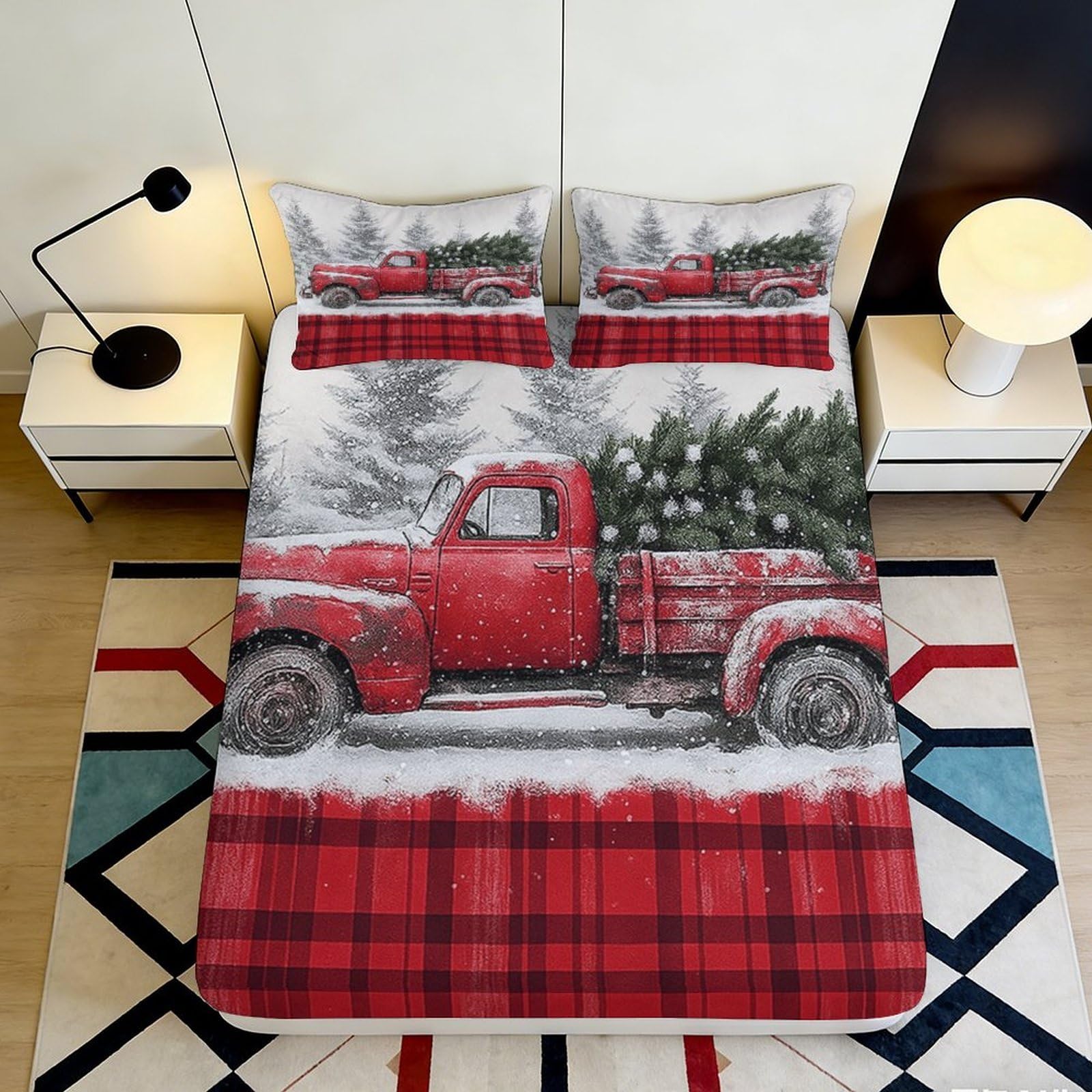 Uxinyoume Style-5 3D Printed Christmas Red Truck Fitted Sheet Microfiber Plaid Pine Tree Bed Cover For Bedroom Guest Room Decor 90X200x25cm