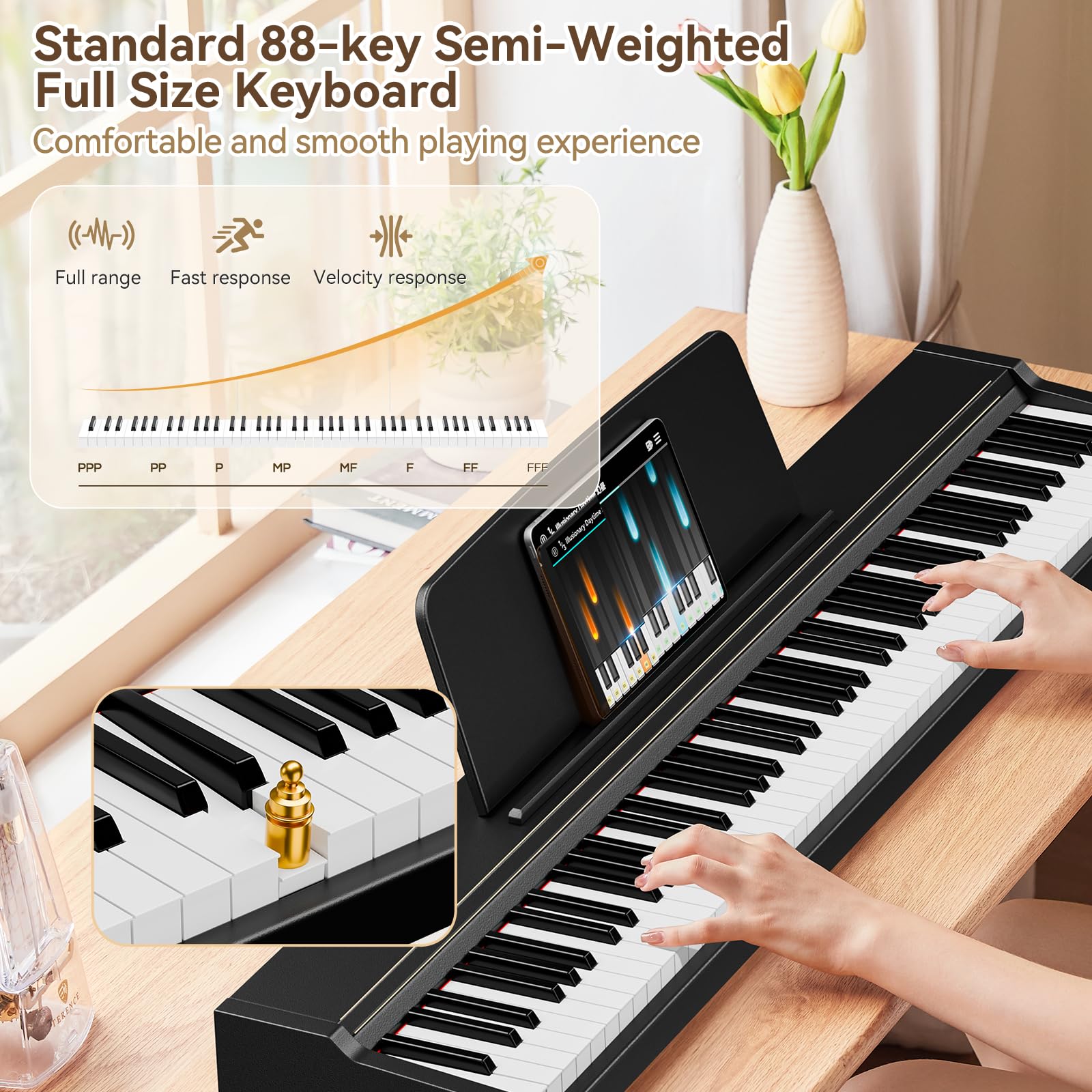TERENCE Pianoforte digitale a 88 tasti, tastiera full-size, pianoforte digitale semi-pesato, 128 suoni per principianti e professionisti, connessione MIDI, connessione cuffie e tre pedali