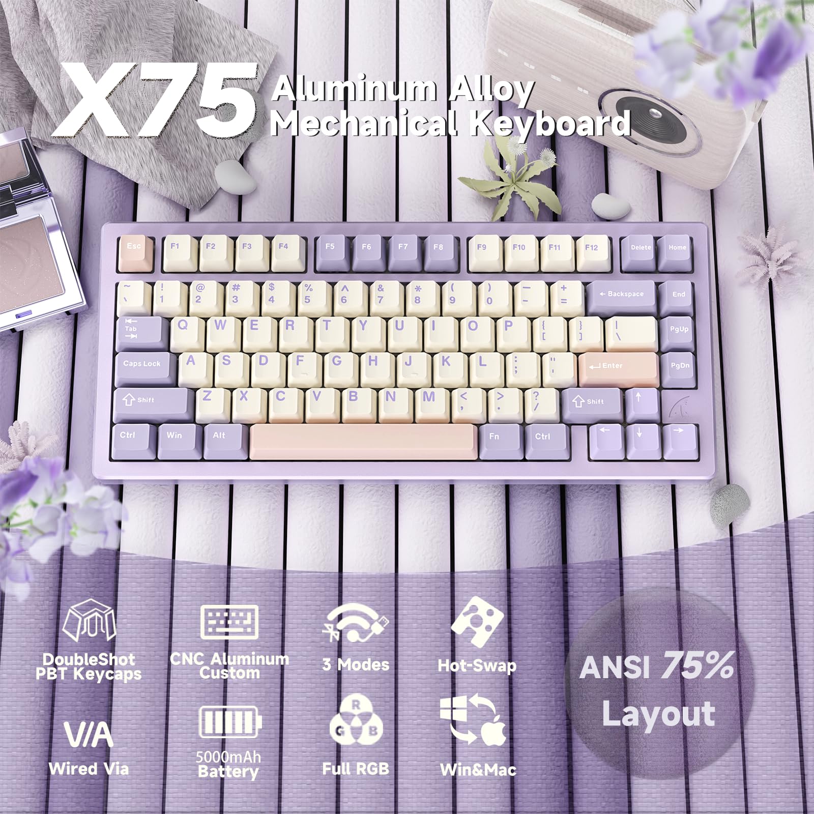 LexonElec x ATTACK SHARK X75 CNC Tastiera da gioco wireless in alluminio al 75%, Tri Mode-BT/2.4G/Cablato, Tastiera meccanica RGB montata su guarnizione, batteria da 5000 mAh, Supporta Win/Mac-viola
