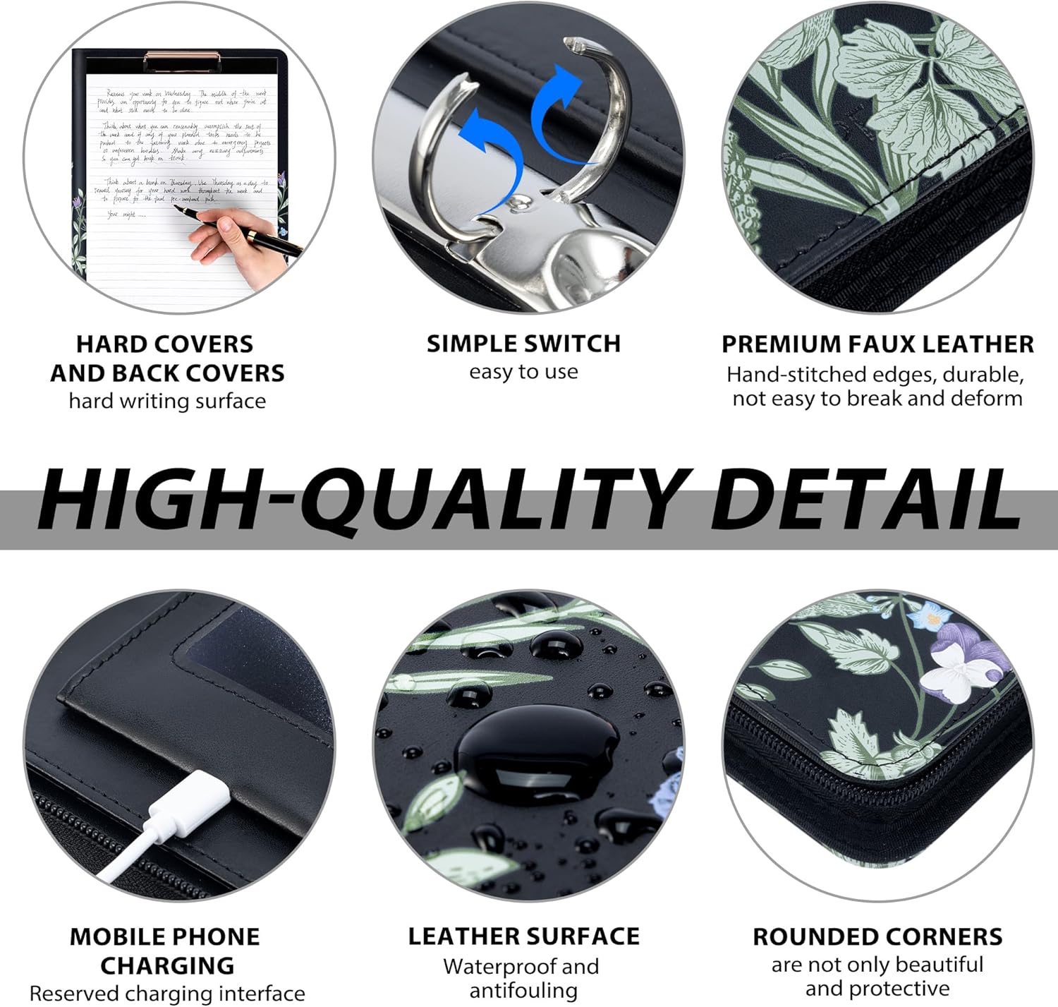 Ospelelf Leather Clipboard with Storage, Zippered Padfolio Portfolio Organizer, 3 Ring Binder 1 Inch, Notepad, Tablet Sleeve, 5 Dividers with Pocket for Office,Students, Teachers Night Flowers