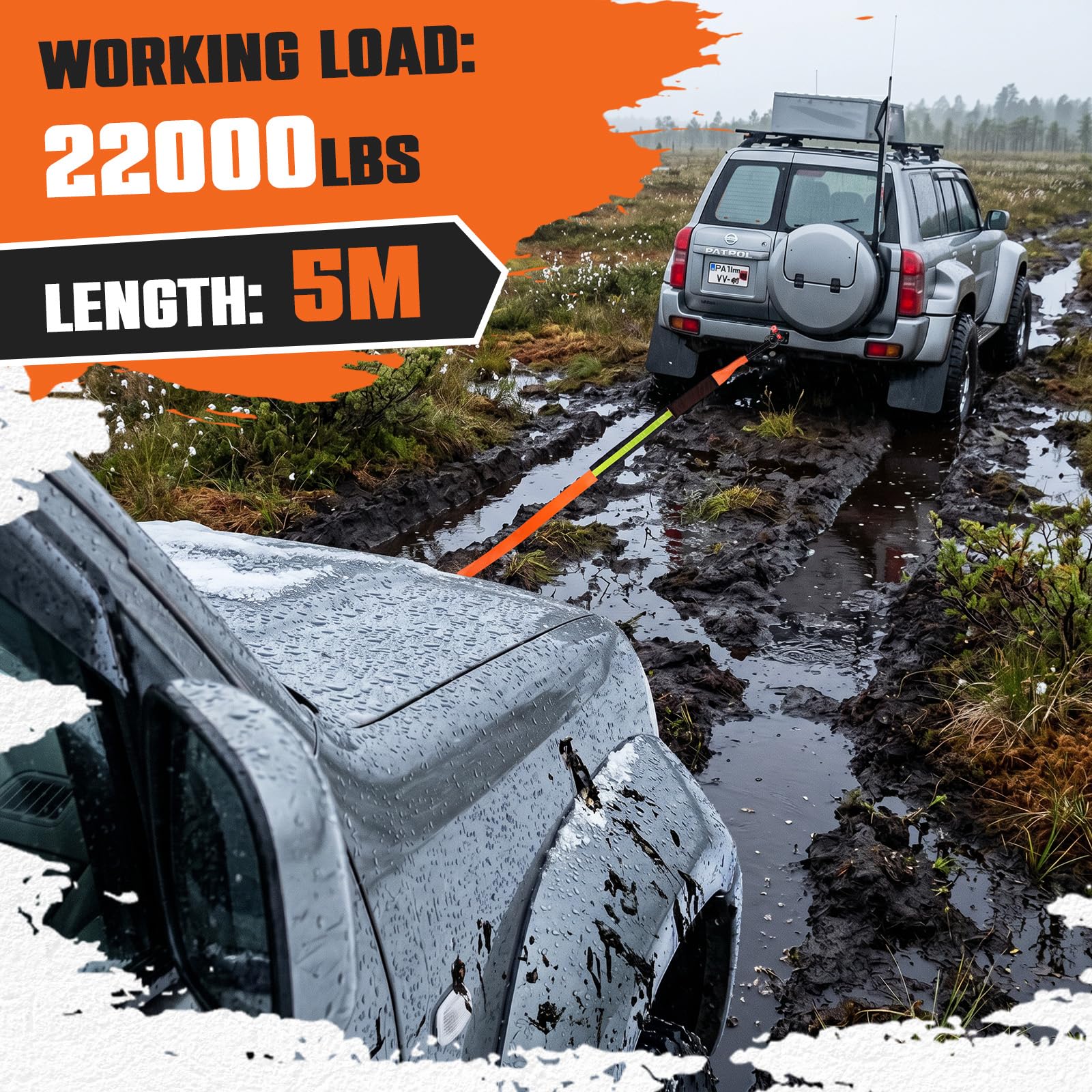 Cavo Traino 10 Ton Heavy Duty 5M x 5CM, Cintura Traino Ad Alta Resistenza per Auto con 2 Staffe Rinforzate, Borsa da Magazzinaggio e Guanti, Kit Recupero Fuoristrada per SUV, Furgone, Camion, Berlina
