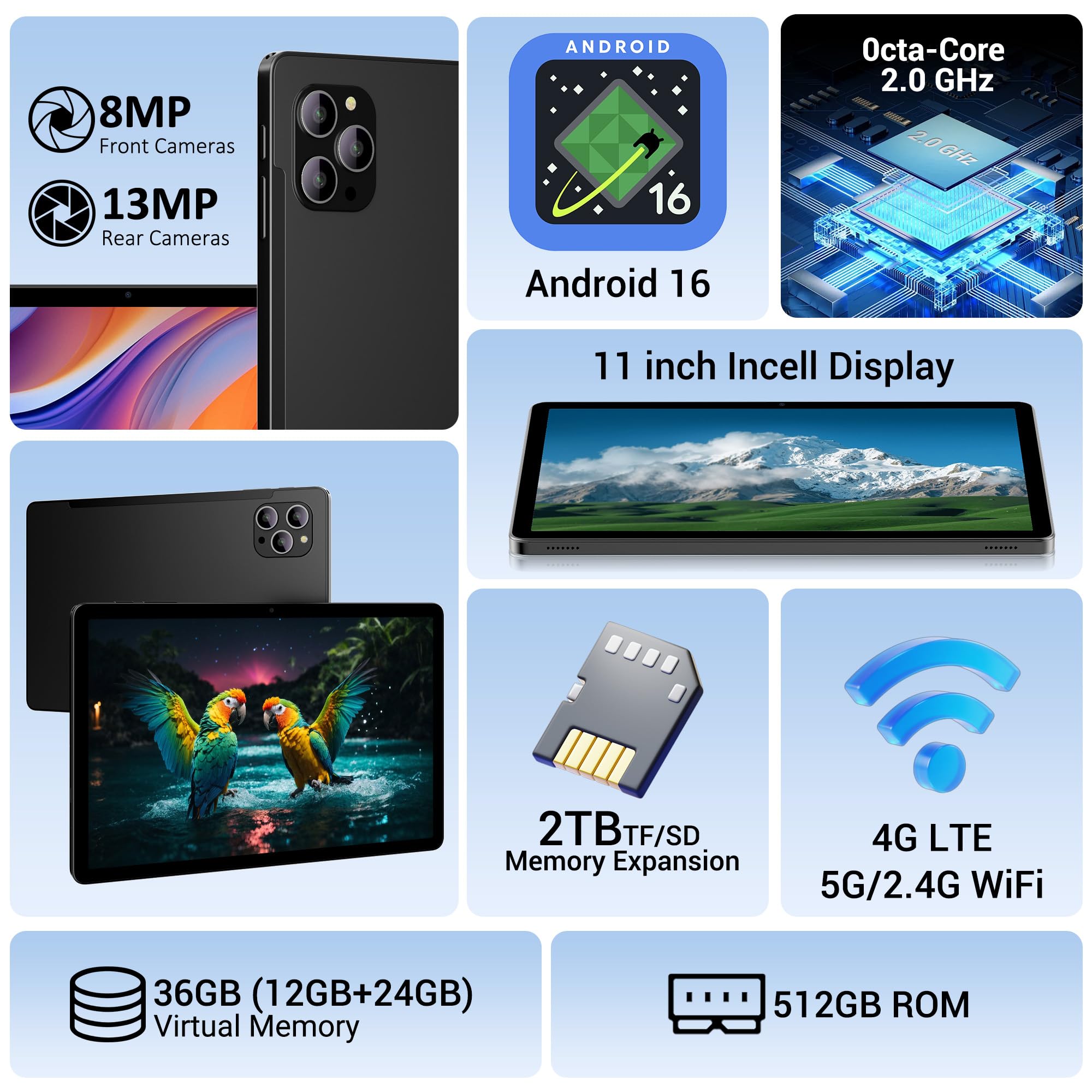 GAMORZE Android 16 Tablet 11 INCH 36GB+512GB ROM /2TB TF,Octa-Core