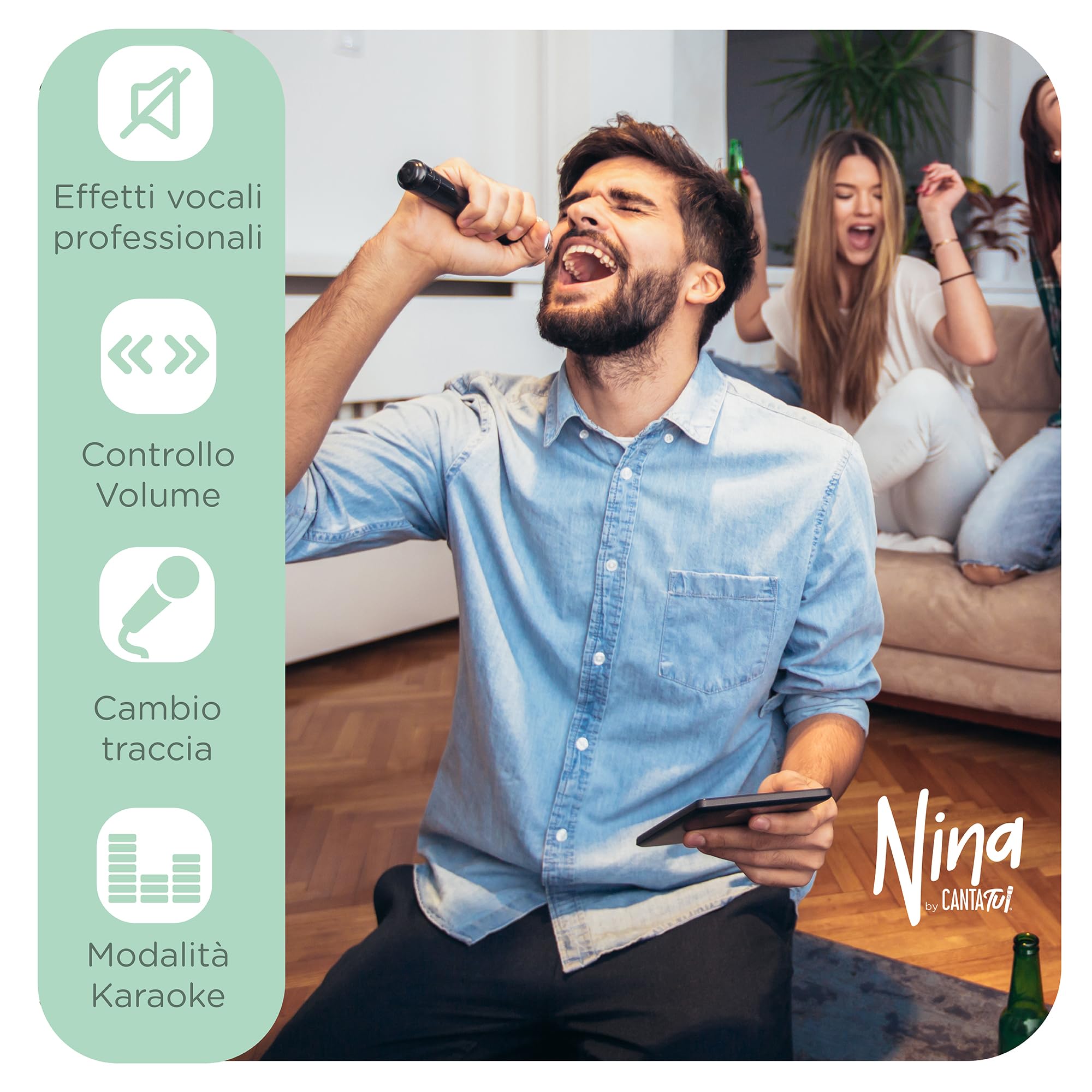 Canta Tu Nina Macchina Karaoke 2 Microfoni Wireless Bluetooth Altoparlante Portatile Luci LED Cambio Voci Beige