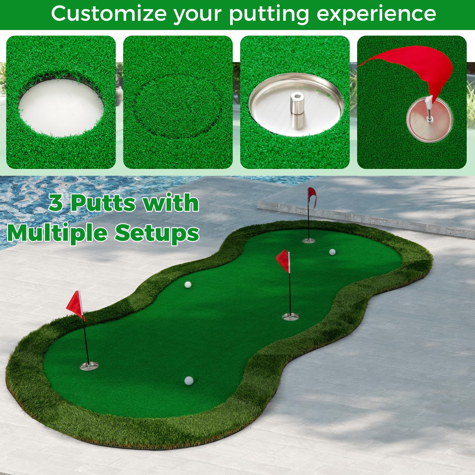 LIFEZEAL Golf Übungsmatte 150 x 300 cm, Puttingmatte mit 3 Löchern und Bällen, Trainingshilfe Golftraining für Indoor und Outdoor