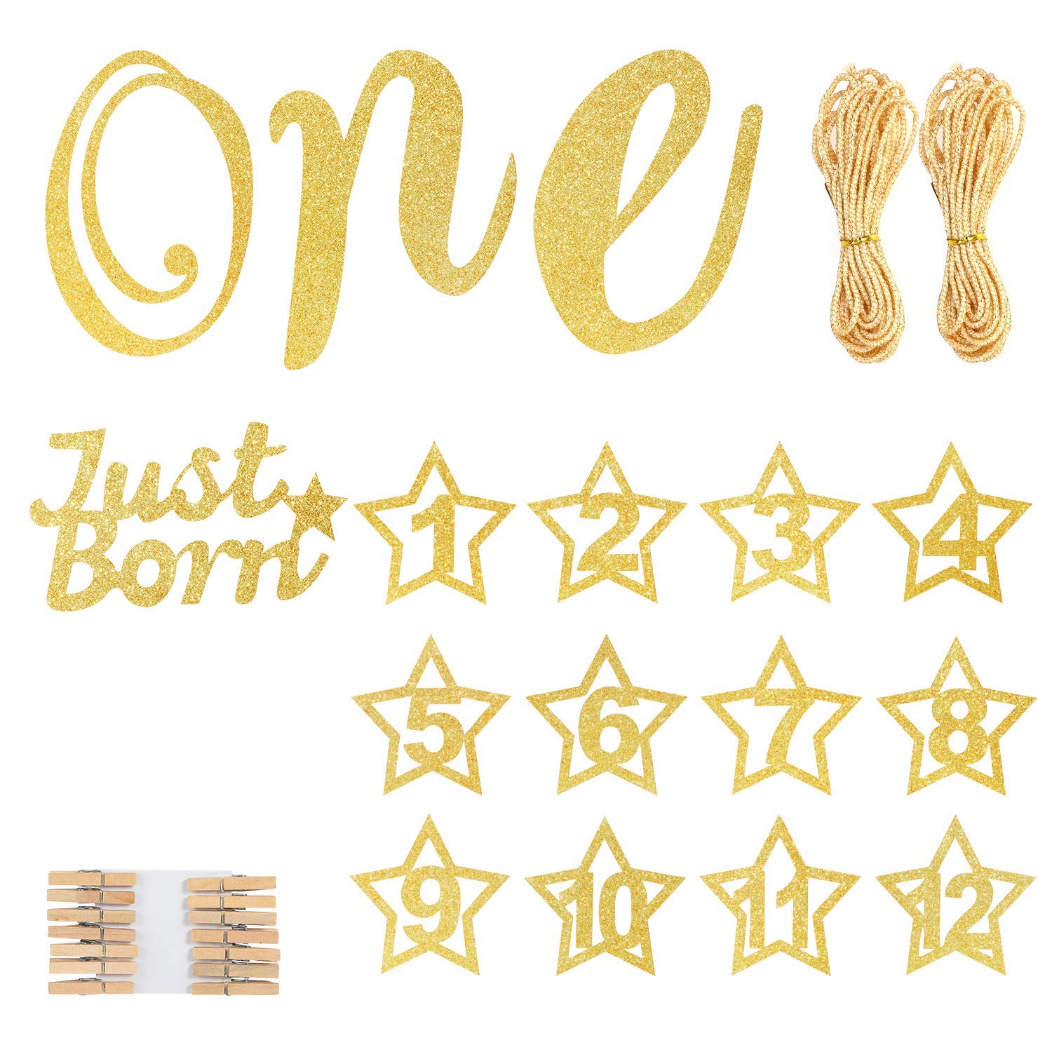 Festiko 1st Birthday Photo Banner with High Chair Glitter ONE Decoration, Monthly Milestone Baby Boy Girl Photo Bunting for Newborn 1-12 Months First Birthday Decor Set (Gold) 1