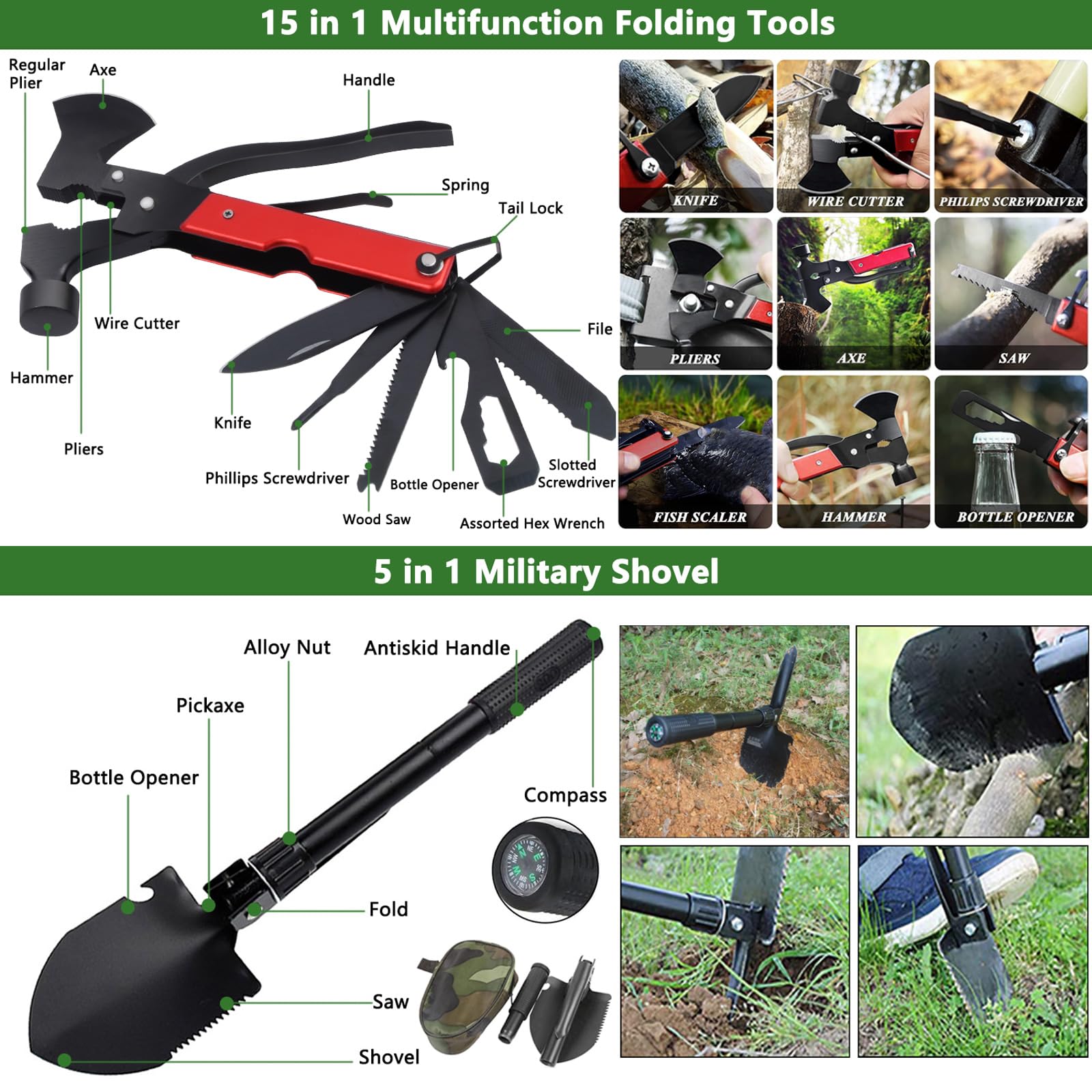 Kit de Supervivencia, Equipo de Emergencia, Kit Supervivencia con Hacha de Martillo Multifuncional, Kit de Emergencia para Viajar Caminar Acampar al Aire Montaña (Negro)