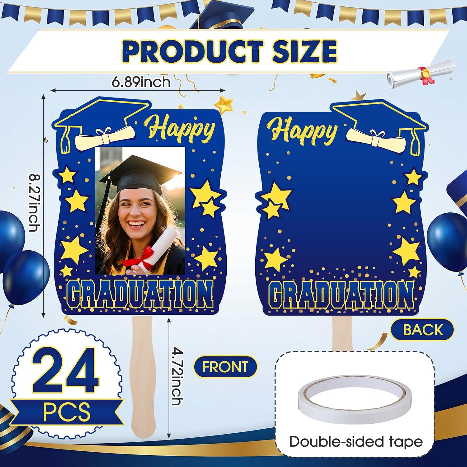 Amyhill 24 Pcs Class of 2026 Personalized Graduation Fans for Picture with Handle Custom Photo Fan Double Sided Face Cutout Blank DIY Photos Frame for 2026 Grad Photo Props Party Souvenir(Blue Gold)