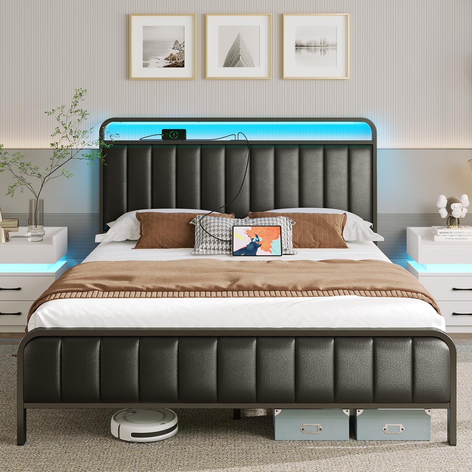 Rolanstar Full Size Bed Frame with LED Light and Charging Station in black