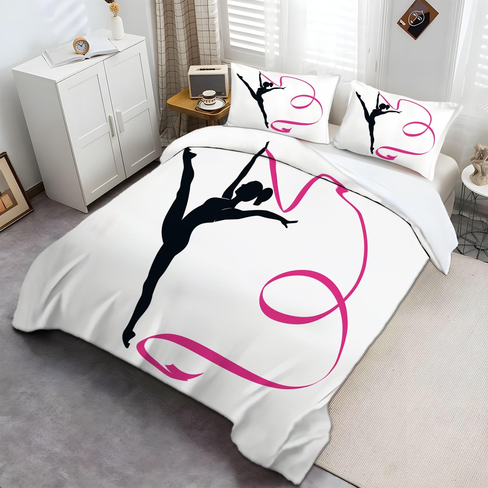Poszewka na kołdrę Super King Size 220 x 260 cm, gimnastyka, dziewczyna, wstążka, zestaw poszewek na kołdrę, 3 szt., polibawełna, hipoalergiczna poszewka na kołdrę, zestaw pościeli z poszewkami na
