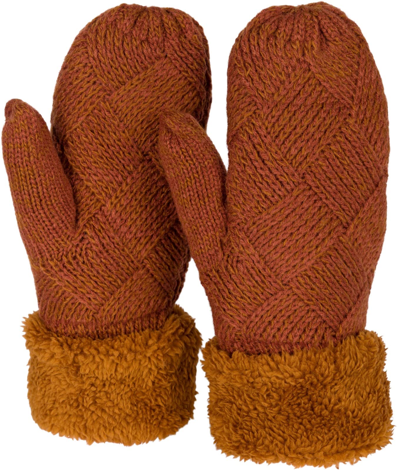 Stylebreaker Women's Cognac Warm Winter Knitted Mittens, Gloves With Diamond Pattern, Thermo Fleece, Knitted Gloves 09010031, Colour: