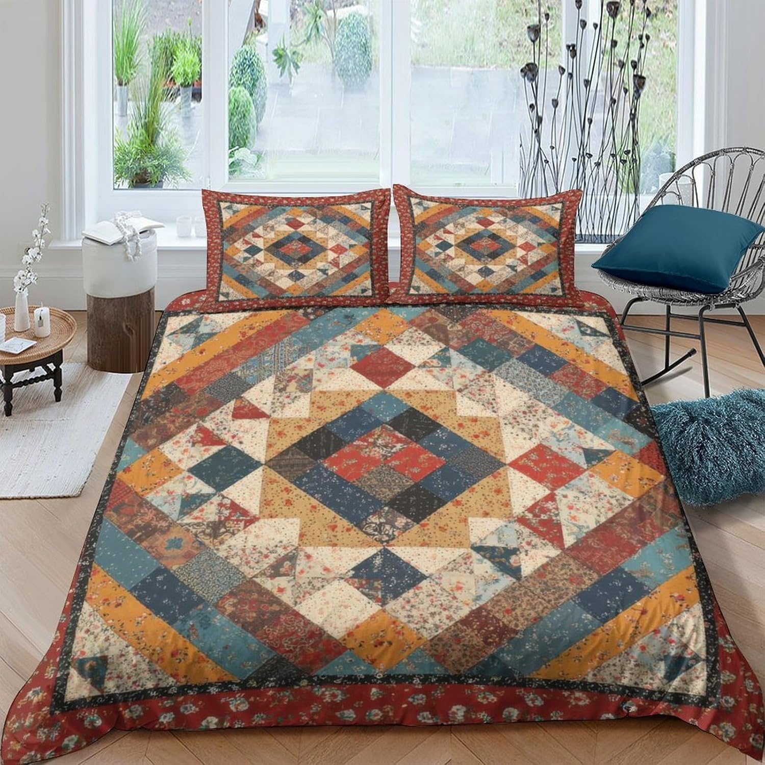 Set Copripiumino Una Piazza e Mezza 200x200 cm Patchwork Vintage Stampa 3D Biancheria da letto Stile Bohémien in Morbido Microfibra 3 Pezzi 1 Copri Piumino e 2 Federe con Cerniera D-2461