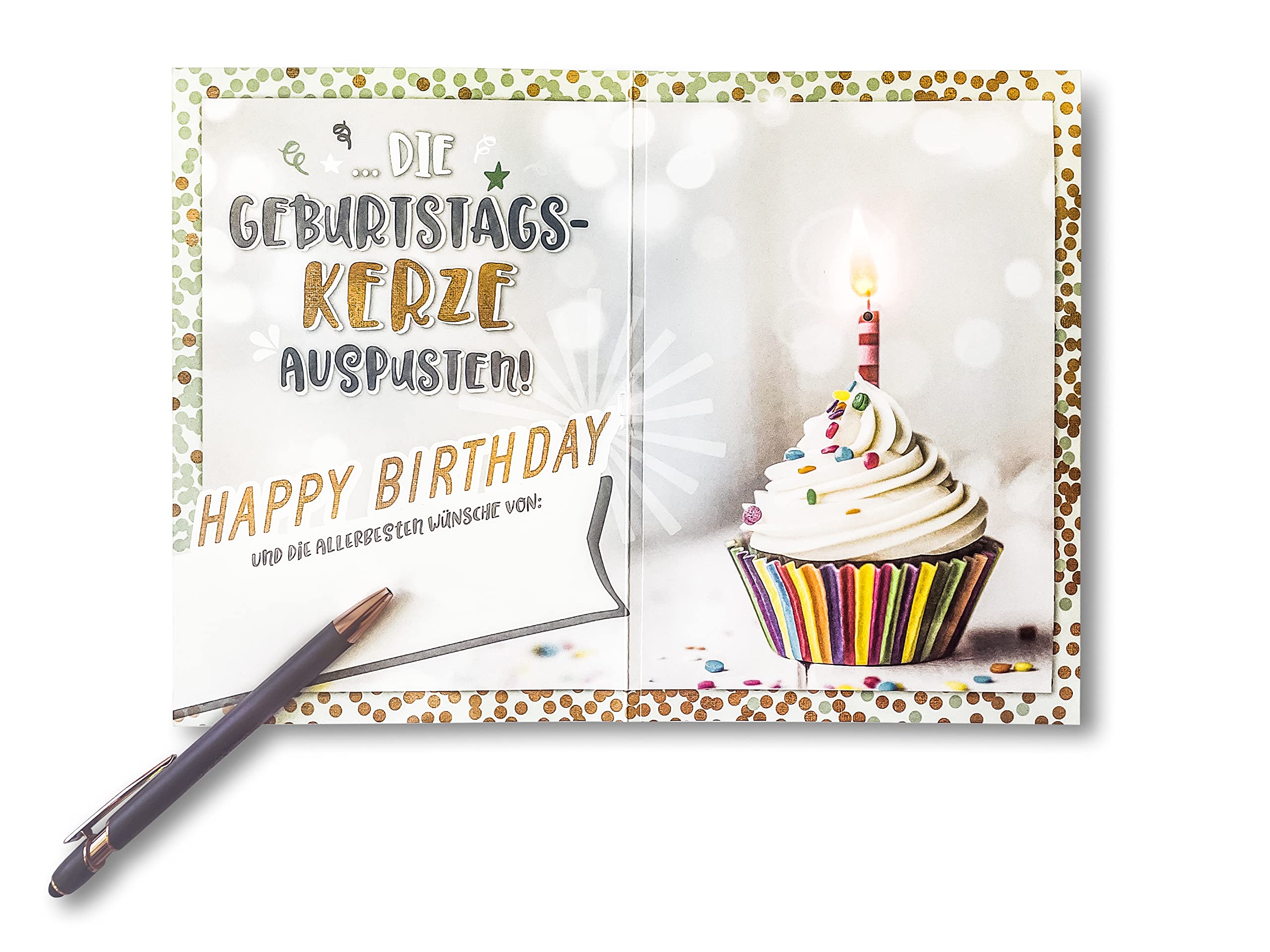 Tarjeta De Cumpleaños Musical XXL Bentino - Con Vela Interactiva Que Se Sopla, Suena 'Celebration' | Formato A4 Cerrado, Incluye Sobre