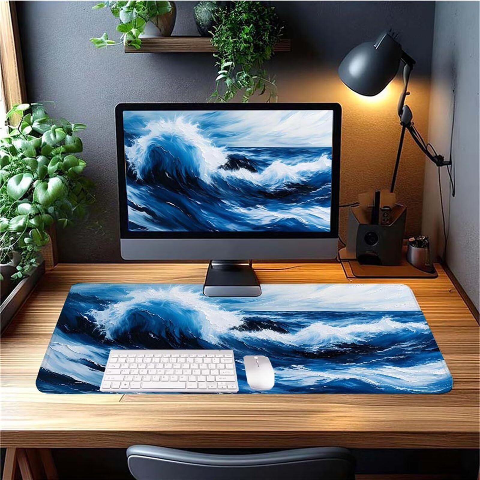 Alfombrilla Ratón Japón Ondas Alfombrilla Ratón XXL 1400x600x3mm Mouse Pad Resiste Salpicaduras, Extendida de Gran Tamaño con Bordes Cosidos, Mejora Precisión y Velocidad,Antideslizante,Duradera y-391
