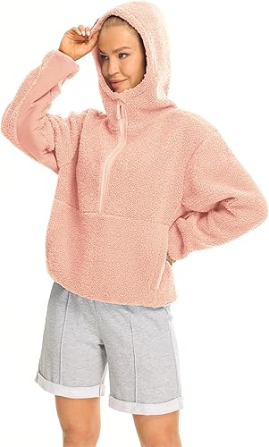 Miniatura 3 de icyzone Chaqueta de forro polar Sherpa con capucha y media cremallera para mujer, sudadera cálida y mullida de gran tamaño con bolsillos
