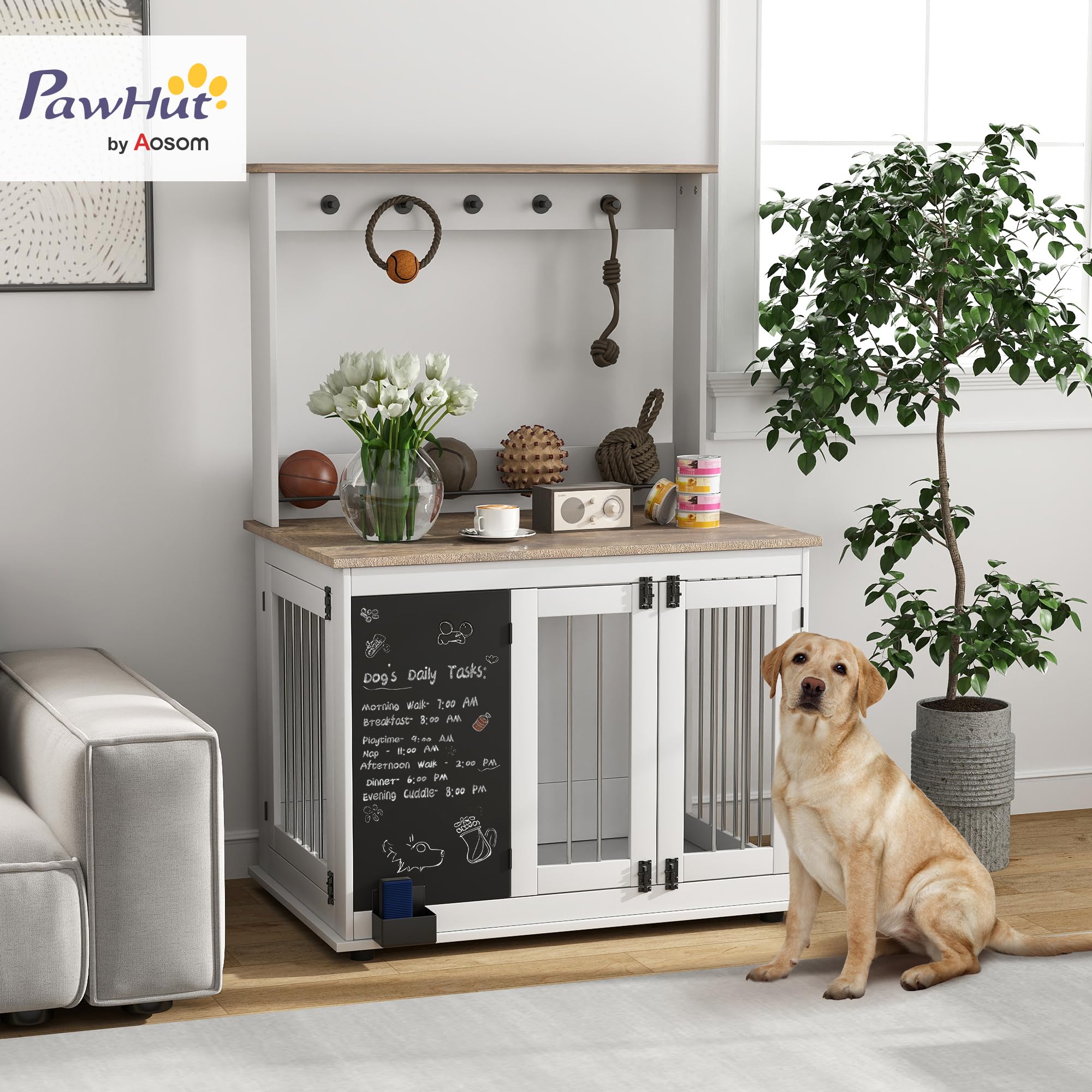 PawHut Hundekäfig für Zuhause mit 3 Türen, Haken für große Hunde Weiß | Hundebox, Hundehaus mit Radiergummi, Schreibtafel, Aufbewahrungsregal für Spielzeug