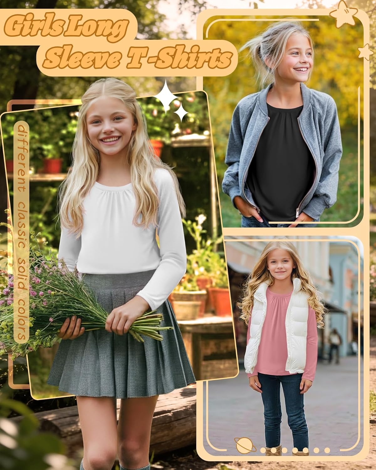 3 Pack Girls Long Sleeve Shirts Basic Casual Tops Loose Fit Kids Crewneck Solid Soft Layering Shirts - Image 4